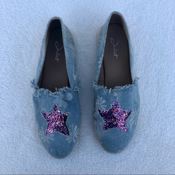 Juliet Espradilles Shoes Slip Ons Leather Glitter Star Flat Size 8.5 - Picture 1 of 8